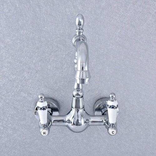 Polished Chrome Brass Wall Mounted Double Ceramic Handles Bathroom Kitchen Basin Sink Faucet Tap Lsf546