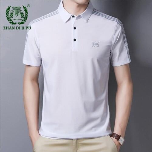 Ice Silk Polo Shirt Men Print Striped Casual Loose Breathable Short Sleeve T-shirts Male Fashion Business All-match Mens Tops