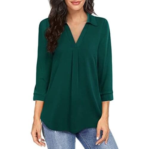Autumn Popular V Neck 3/4 Sleeve Shirt Blouse Chiffon Shirt Pleated for Dating