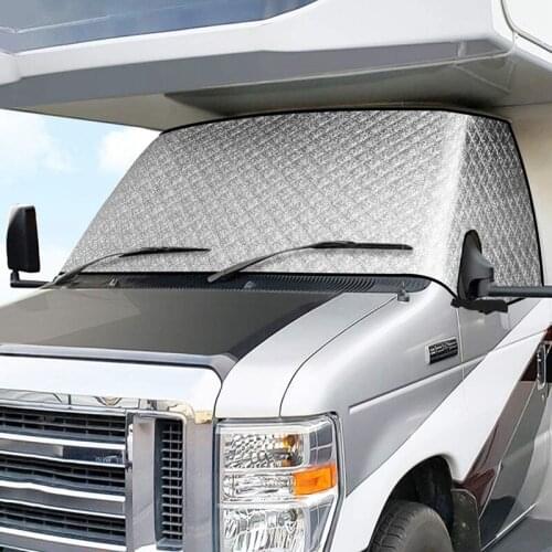 RV Windshield Sunshade Cover, for Class C Ford 1997-2021 Motorhome Windshield Snow Cover 4 Layers with Mirror Cutouts