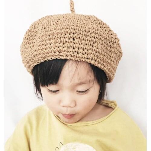 Summer Natural hollow childrens small fresh handmade straw beret hat literary casual painter hat Pink kids Spring Straw hat