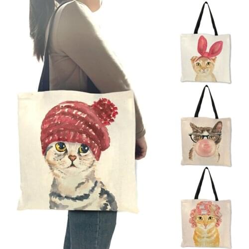 Pretty Girls Handbag Watercolor Cute Manlike Cat Printed Shoulder Bag Eco Linen Reusable Shopping Travel Casual Tote Bag