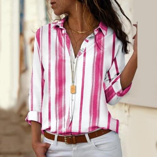 Plus Size S-5XL Women Summer Shirt Striped Vintage Turn Down Collar Blouse Long Sleeve Shirt Women Femininas Female Tops