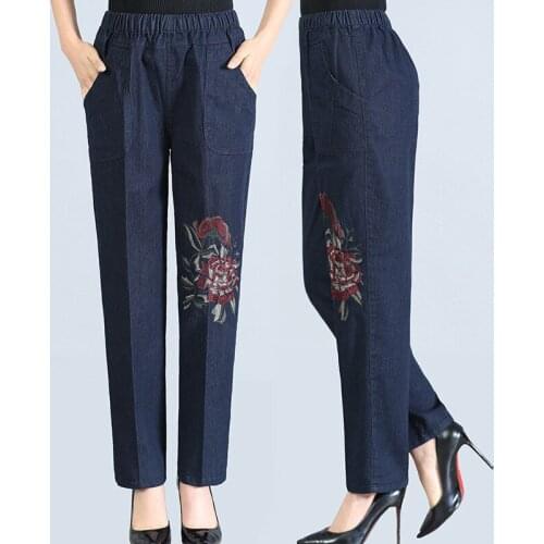 Plus Size Casual Pant Women Spring Elastic High Waist Jeans Elasticity Straight Trousers Middle Aged Female Loose Denim Pants 83