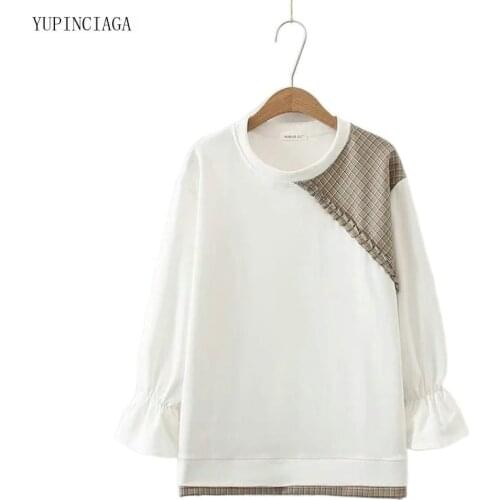 2021 Summer Harajuku Long Sleeve Patchwork Sweatshirt Tracksuit Mori Girl Style Women Loose O-neck Fake Two-Piece Top 2113464