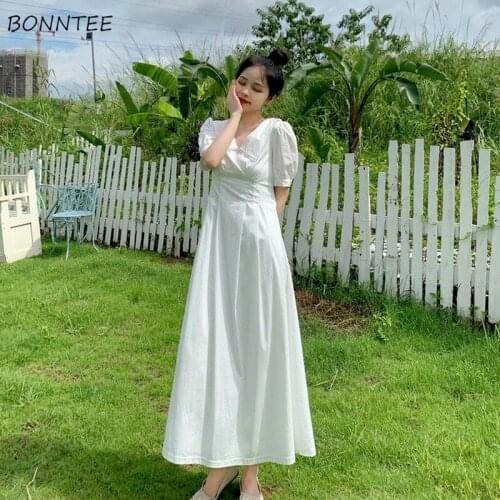 Short Sleeve Dress Women Solid Girlish Casual Lovely Elegant Female V-neck Ankle-length Ulzzang 2021 Newest Popular Student Chic