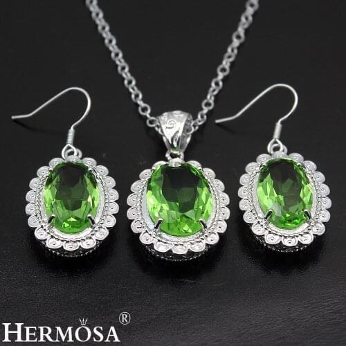 Hermosa Apple Green Topazz Sweetie Oval Silver Color Earrings Pendant Necklace for women NY820 Fashion Party Gift