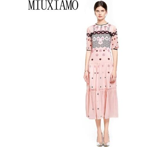 MIUXIMAO 2019 Newest Fashion Runway Summer Dress Womens Retro Flower Print Pink Casual Long Dress Women vestidos