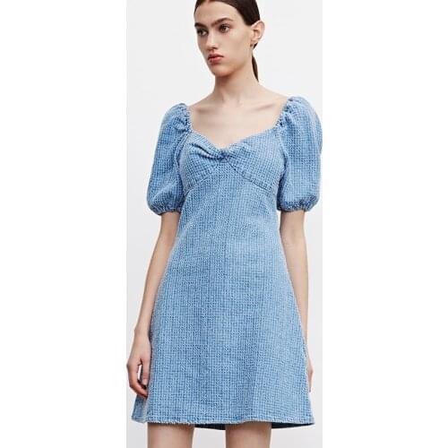 Summer new blue woman dress V-neck temperament commuter fashion slim fit dresses for women 2021