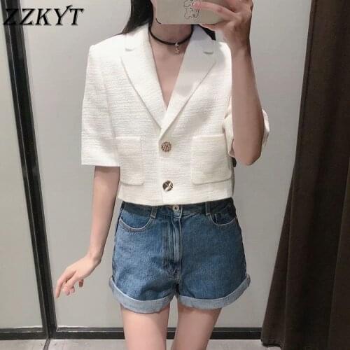 ZZKYT 2021 Women Summer Vintage Single Breasted Tweed Short Jacket Coat Fashion Pockets Outerwear Casual Tops Chaqueta Mujer