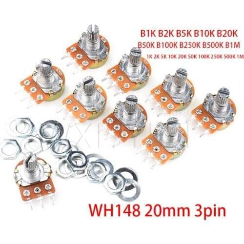 5pcs WH148 B1K B2K B5K B10K B20K B50K B100K B500K 3Pin 20mm Shaft Amplifier Dual Stereo Potentiometer 1K 2K 5K 10K 50K 100K 500K
