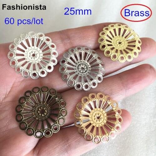 60 pcs Round Filigree Stamping 25mm Flower Setting Charm Connector Wrap,Raw Brass,Gold-color,Silver-color,Bronze,DIY Findings