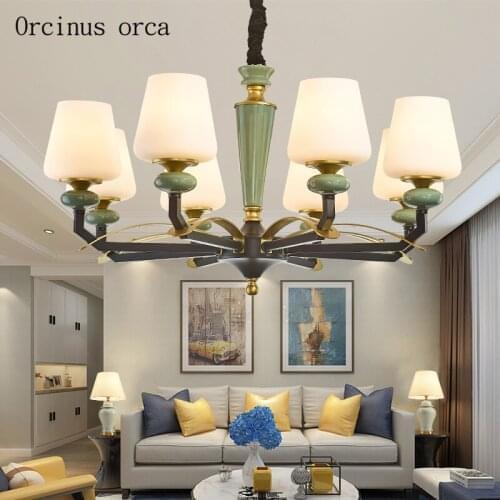 American retro light luxury LED chandelier living room restaurant bedroom modern minimalist green ceramic pendant lamp