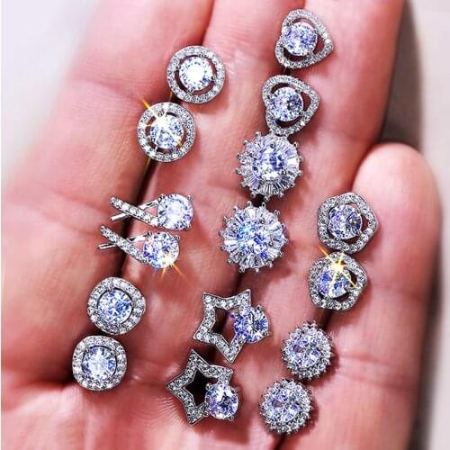 Huitan Chic Women Stud Earrings Collection Silver Color Inlaid Brilliant CZ Stones Fashion Versatile Female Earring Jewelry 2021