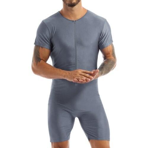 Male Sport Sleepwear Short Sleeve Front Zipper One-piece Ballet Gymnastics Men Leotard Bodysuit Jumpsuit Sports Gym Dance Wear