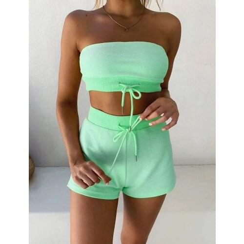 2PCS Set Sexy Strapless Cropped Top and Drawstring High Waist Shorts Sports Gym Clothes Set Tracksuit Casual Two Piece Outfits