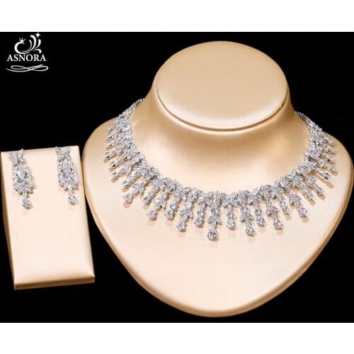 ASNORA New Products Ladies Tassel Drop Shape Necklace AAA CZ Wedding Jewelry Bridal Engagement Jewelry Set X-01165