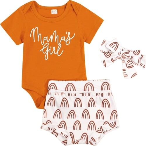 3 Pieces Kids Suit Set, Summer Letter Print O-Neck Short Sleeve Romper+ Rainbow Print Shorts+ Headband for Baby, 0-18 Months