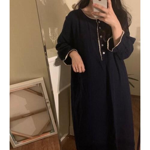 Nightgown Dark Blue Vintage Loose Long Nightdress Sleepwear Spring Cotton Buttons Sweet Home Clothes Lace Ruffles Oversized