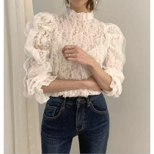 New Fashion Women Blouse 2021 OL Mesh Lace Shirt Crochet Flower Blouses Stand Collar Puff Sleeve Shirts Female Hollow Out Tops