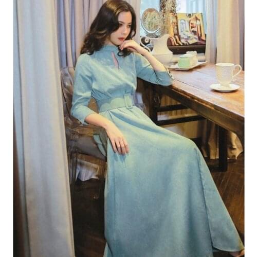 Timis Li New Spring Women Fit and A-Line Dresses Stand Neck Dresses High Waist Sashes Women Mid-Claf Long Dresses