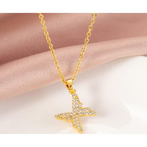 Trendy Simple Zircon Butterfly Pendant Stainless Steel Women Necklace Elegant No Fade Gold Color Ladies Choker Necklaces Jewelry