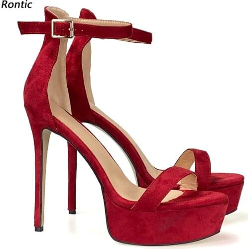 Rontic Handmade Women Platform Sandals Unisex Ankle Strap Sexy Stiletto Heels Open Toe Black Burgundy Party Shoes US Size 5-20