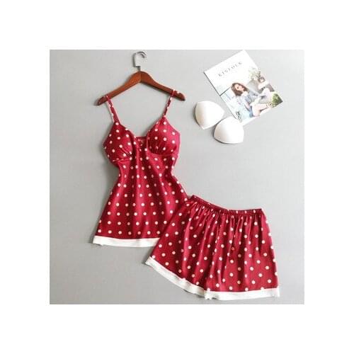 Daeyard Silk Pajamas For Women Polka Dot Sleeveless Pijamas With Shorts Ladies' Pyjamas Sexy Lace Sleepwear Suits Home Clothes