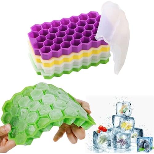 Honeycomb Silicone Ice Cube Tray Mold With Lid BPA Free 37Grids DIY Stackable Hexagon Ice Maker Cube For Fruit Juice Drink Decor