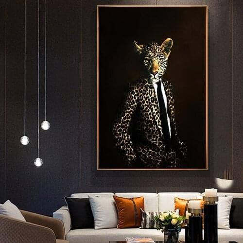 Modern Animal Art Posters and Print Wall Canvas Painting Leopard with Leopard Suit Picture for Living Room Home Decor Cuadros
