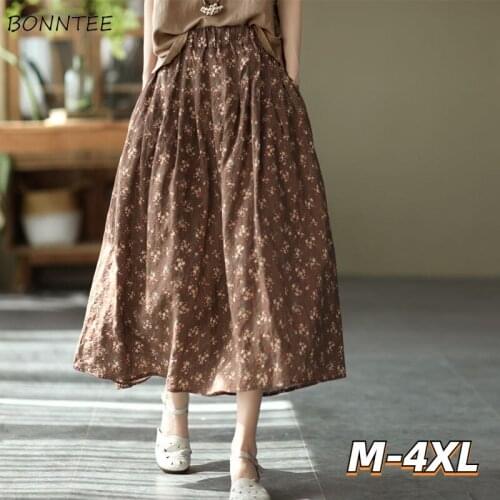 Plus Size M-4XL Skirts Women Summer Vintage Floral A-line Loose Elastic High Waist Mid-calf Korean Style Streetwear Folk Elegant