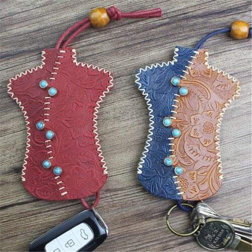 Women Mini Key Wallets Cheongsam Car Key Holders Genuine Cow Leather Clutch Vintage Handmade Cute Small Bags Lady DIY Gift