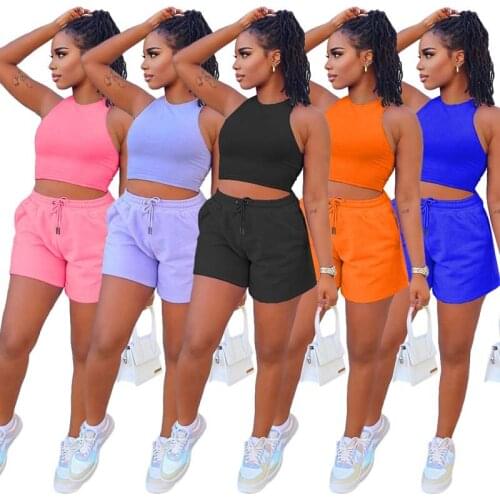 Womens Solid Color Tank Top Shorts Fashion Casual Two-Piece Suit