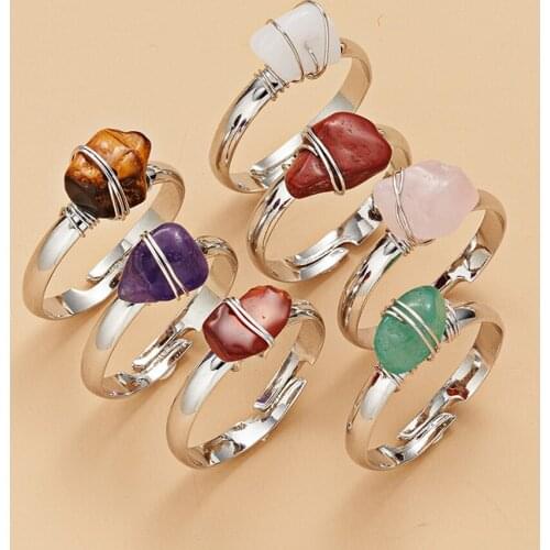 Wire Wrapped Natural Stone Open Ring for Women Handmade Crystal Tiger Eye Stone Beads Fashion Party Wedding Jewelry Finger Rings