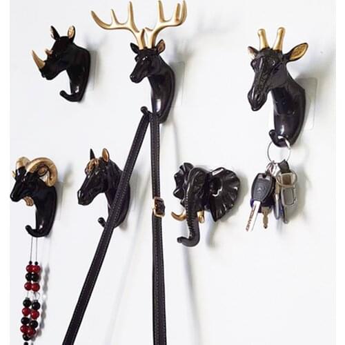1Pcs Punch-free Animal Deer Head Hook Wall Hanging Keychain Elephant Unicorn Rhino Hanger Hook Clothes Hat Wall Mount Rack