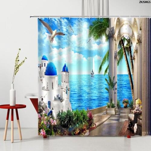 3D Tropical Sea View Shower Curtain Greece Beach Building Landscape Ocean Palm Tree Plant Printed Bathroom Supplies With Hook