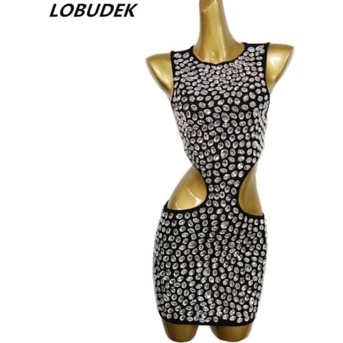 Big Rhinestones Sexy Hollow Out Waist Bodycon Dress Women Singer Host Dancer Stage Wear Birthday Prom Crystals Sleeveless Outfit