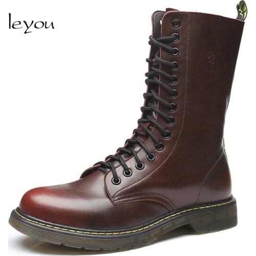 Leyou Brand Vintage Military Boots Men High Boots Leather Genuine Shoes Men Motorcycle Boots Riding Man Shoes Lace-up