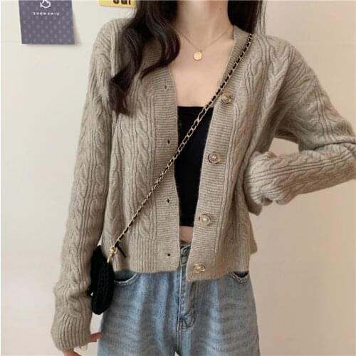 Women Sweaters Korean Fashion Knitted Cardigans Autumn Winter Short Kawaii V Neck Cardigan Female Long Sleeve Casual White Coat