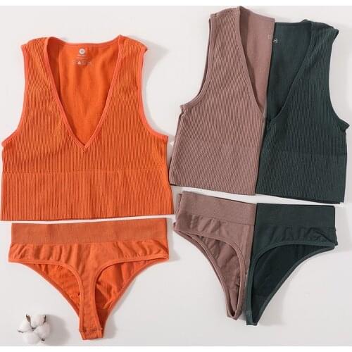 Seamless Women Bra and Panty Set Thongs Sexy Female Bralette Underwear Set Summer Halter Neck Crop Top Sexy Lingerie Set