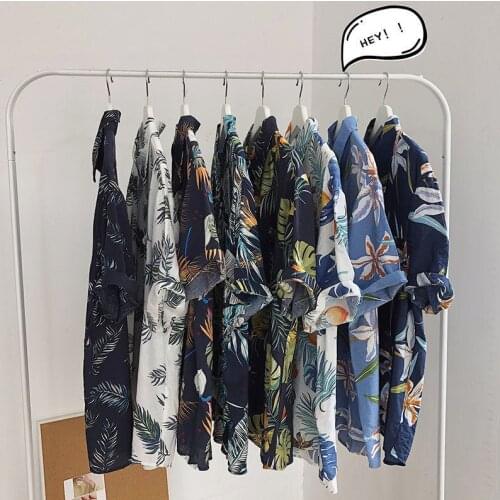 Korean design sense flower shirt short sleeve retro shirt men and women vetiver