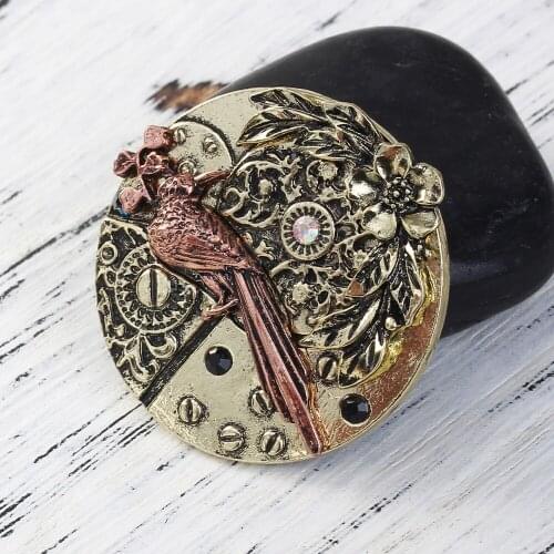 DoreenBeads Zinc Based Alloy Pocket Watch Pendants Round Spirit of Nature Bird Black Rhinestone 34mm(1 3/8") Dia, 1 Piece