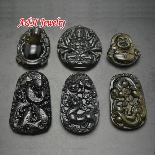 1PC Many Styles Natural Ice Type Transparency Black Obsidian Fine Carved Pendants New Fashion Women Jewelry DIY Findings