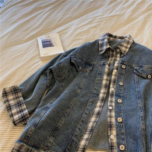 Fake Two Piece Plaid Denim Jacket Female Korean Autumn Student Loose All Match Feminina Chaquetas Para Mujer Casaco Feminino