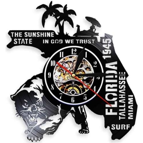 Summer Time Florida Vinyl Record Wall Clock Beach Vacation Traveling USA States City Night Lights Cityscape LED Hanging Watch