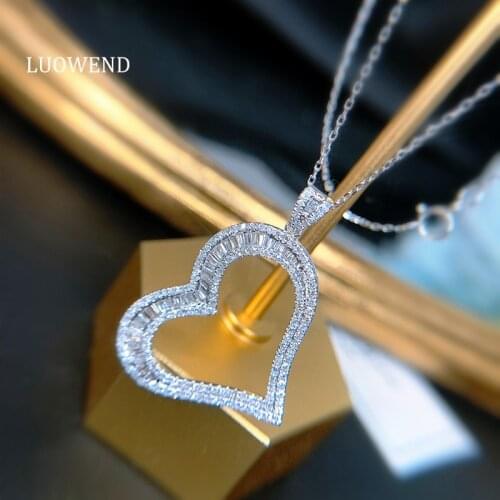 LUOWEND Solid 18K White Gold Pendant Necklace Natural Diamond High Quality Heart Shape Women Engagement Necklace