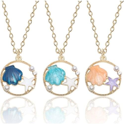 Fashion Cute Girls Enamel Shell Starfish Necklace Women Korea Style Gold Color Pearl Pendant Necklace Female Jewelry Party Gift