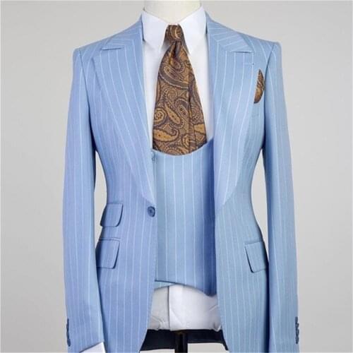 Fashion Blue Striped Mens Suits 3 Pieces Slim Fit One Button Wear Prom Party Wedding Groom Formal Tuxedos