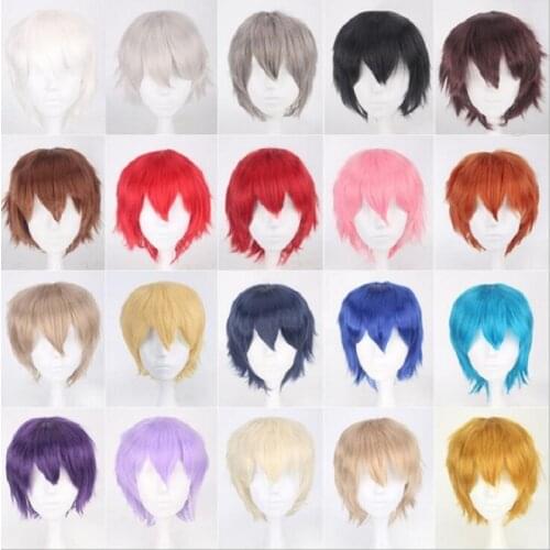 2020 Synthetic Hair Short Wavy Men Wig Cosplay Black White Blonde Brown Purple Pink Blue Red Orange Gray Silver Anime Wigs