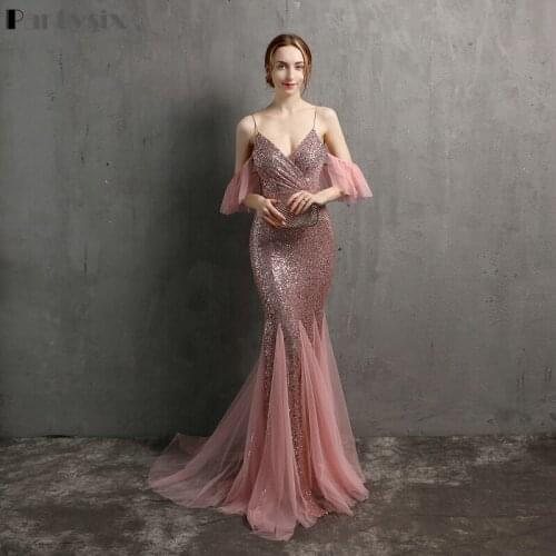 Partysix Sexy Sling V-neck Evening Dresses Long Mermaid Formal Party Gowns Sequins Open Back Woman Dress Vestidos